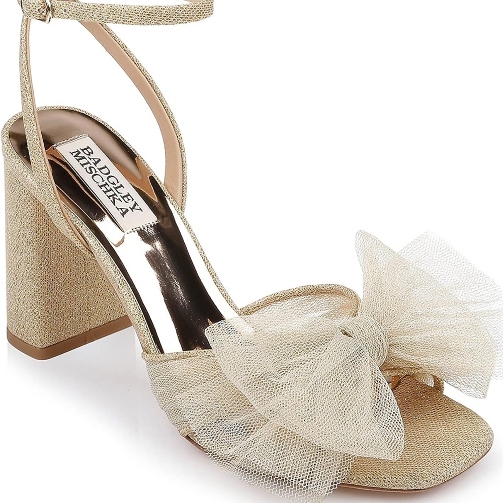 Badgley Mischka Gold Glitter Heels with Bow - Picture 1 of 5